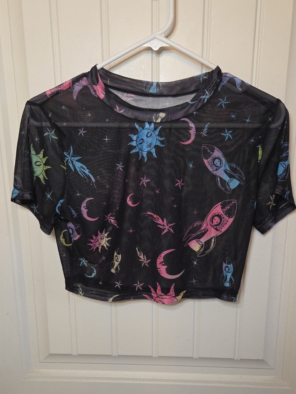 Semi-sheer Black And Multicolor Sun Star Alien Starship Crop Top